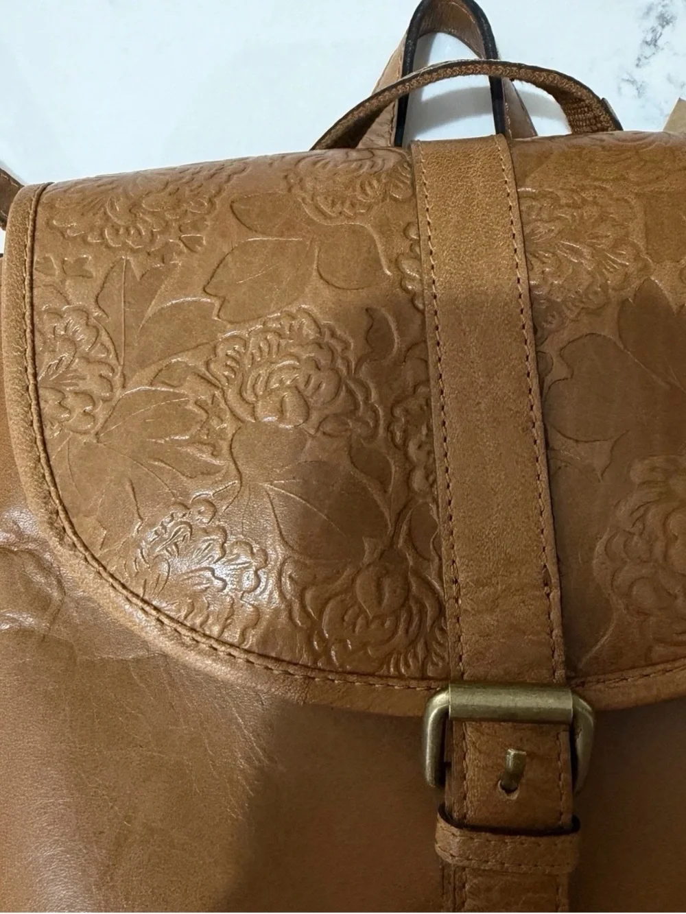 Wild West Floral Embossed Tan Leather Backpack Purse Western Boho